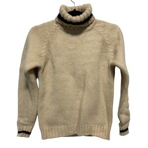 VTG LL Bean Womens XS 90s Oatmeal Wool Blend Turtleneck Sweater Navy Stripe